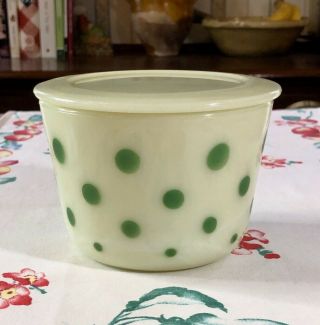 Vintage Mckee Green Dots On Custard Medium Round Canister Dish & Lid 24 Oz.