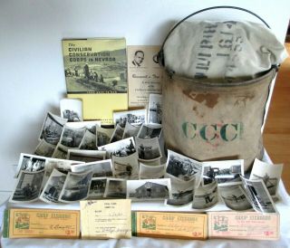 Vintage Rare Civilian Conservation Corp Canvas Bucket,  Bag 52 Photographs More