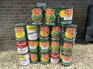 Vintage 18 Del Monte Campbells & More Real Metal Tin Cans Of Play Food