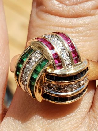 Vintage Sapphire Ruby Emerald Diamond 14k Yellow Gold Ring