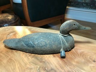 Antique Wood Carved Duck Decoy with Weight,  Paint,  Glass Eyes 2