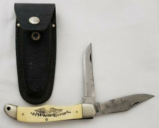 Schrade 260 Sc Knife Vintage 1976 Folding Hunter 2 Blade With Leather Case