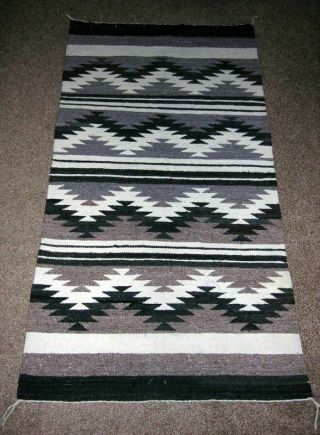 Vintage Navajo Woven Wool Rug Natural Black Brown Grey White 29 " X 55 "
