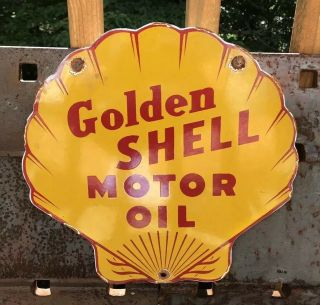 Vintage Golden Shell Porcelain Sign Gas Service Station Pump Plate Motor Oil