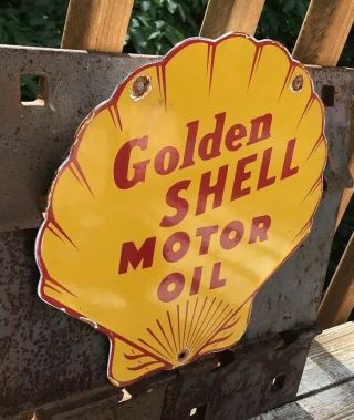 VINTAGE GOLDEN SHELL PORCELAIN SIGN GAS SERVICE STATION PUMP PLATE MOTOR OIL 2