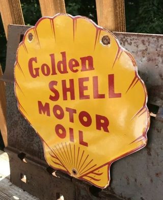VINTAGE GOLDEN SHELL PORCELAIN SIGN GAS SERVICE STATION PUMP PLATE MOTOR OIL 3