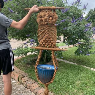 Vintage 70s Macrame Owl Wall Hanging Planter Retro Boho Hippie Jute Beaded Large