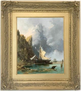 Fishing Boats Off Coast Antique Oil Painting By Edmund John Niemann (1813–1876)