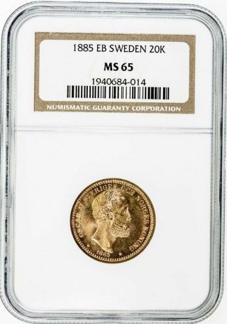 Sweden Oscar Ii Gold Coin 1885 - Eb 20 Kronor Ngc Ms65 Rare