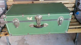 Green Vintage Retro Steamer Trunk Luggage Storage Chest W/ Tray Circa 70s 1