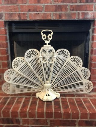 Vintage Brass Fireplace Screen Fan Style Folding Up Peacock W/ Handle From Japan