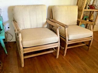 Pair Vtg Mid Century Mcguire San Francisco Rattan Bamboo Wood Chairs Modern