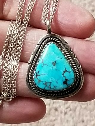Vintage Old Pawn Navajo Turquoise Sterling Silver Pendant Necklace Signed