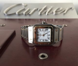 Cartier Santos Automatic Men ' s 18k Gold Steel Watch Rare Gold Hands Cartier Box 6