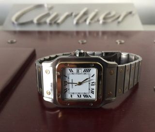 Cartier Santos Automatic Men ' s 18k Gold Steel Watch Rare Gold Hands Cartier Box 7