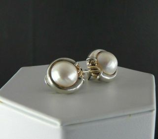 Tiffany & Co Vintage Solid 925 Sterling 14k Gold Omega Mabe Pearl Earrings Clip