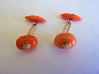 Antique Art Nouveau Italian Natural Salmon Coral 9 Kt Gold Hand Cut Cufflinks