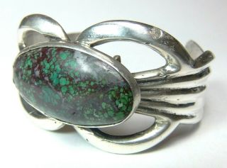Navajo Native American Green Spiderweb Turquoise Sand Cast Silver Cuff Bracelet