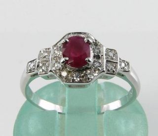Class 9k 9ct White Gold Indian Ruby & Diamond Art Deco Ins Ring Resize