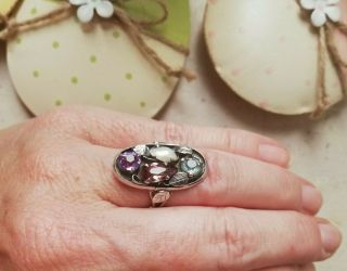 BERNARD INSTONE 1930 Arts and Crafts silver foliate ring with mixed gems UK size 3
