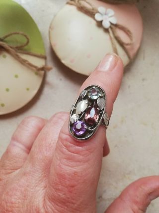 BERNARD INSTONE 1930 Arts and Crafts silver foliate ring with mixed gems UK size 4