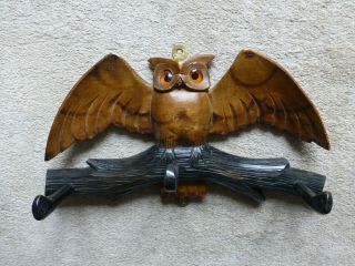 Antique / Vintage Carved Black Forest Stylized Owl Coat Hooks - Glass Eyes