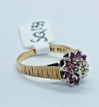 Vintage 9ct Gold Diamond And Ruby Cluster Ring - Size L