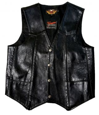 Vtg Harley Davidson M Leather Vest Solid Black Made Usa
