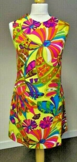 Stunning True 1960s Vintage Dollyrockers Psychedelic Bright Mini Dress Size S