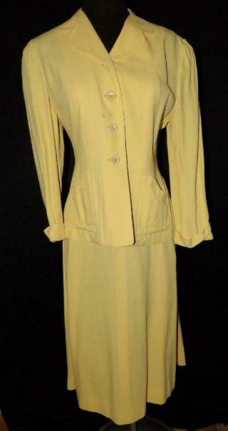 Vtg 40s Ww2 50s Landgirl Rockabilly Ribbed Rayon Gabardine ? Yellow 2pc Suit L