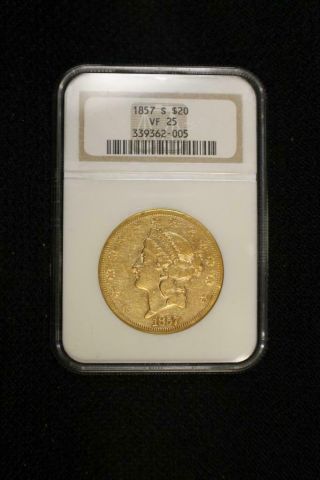 Rare 1857 - S $20 Gold Coin Liberty Double Eagle Ship Wreck Date Ngc Vf 25