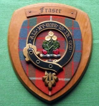 Vintage Old Scottish Carved Oak Clan Fraser Red Tartan Plaque Crest Shield X