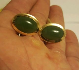 14k Solid Yellow Gold And Apple Green Jade Cufflinks 15.  8 Gram