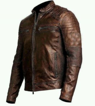 Mens Biker Motorcycle Vintage Distressed Black Brown Cafe Racer Leather Jacket