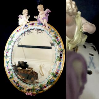 Antique Large Meissen Porcelain Mirror 3d Flowers Jeweled And Angles
