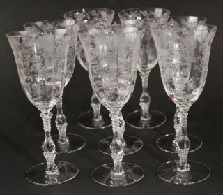 8 Vintage CAMBRIDGE ROSE POINT Etch Footed 10 oz Water Goblets 2