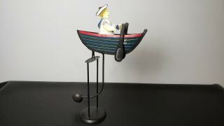 Vintage Hand Painted Row Boat Balance Toy Sculpture Kinetic Rowing Metal