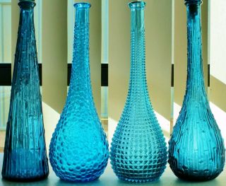 Retro Vintage 1960s Teal Blue Bamboo Italian Art Glass Genie Bottle Decanter