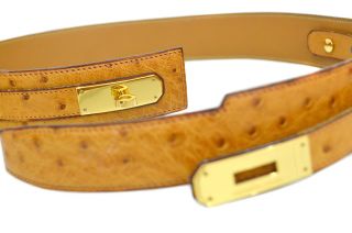 Authentic HERMES Kelly Belt Ostrich Leather Gold Hardware Vintage Size 70 6