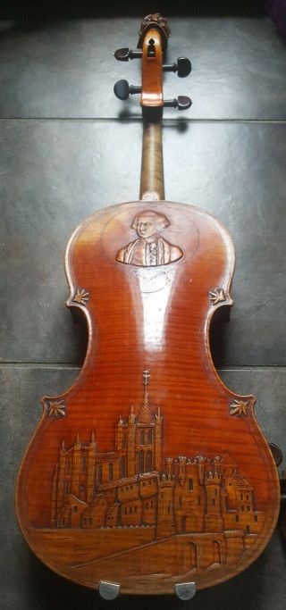 Antique 1800s Head Fiddle Gaspard Duiffoprugcar Carving Rare Violin Carved Back 2