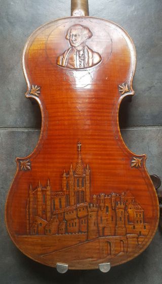 Antique 1800s Head Fiddle Gaspard Duiffoprugcar Carving Rare Violin Carved Back 4