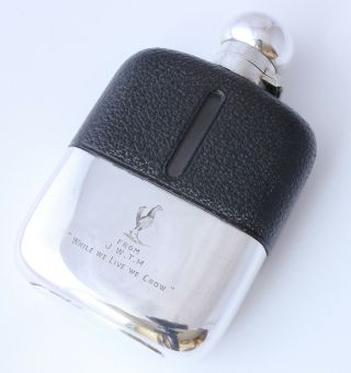 Antique Silver Plated Leather Spirit Hip Flask.  Cockerel.  While We Live We Crow.