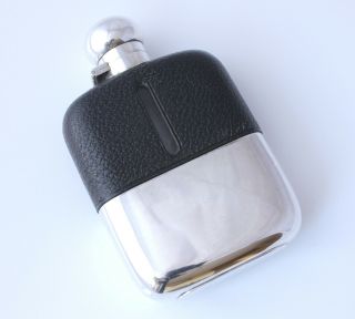 Antique Silver Plated Leather Spirit Hip Flask.  Cockerel.  While We Live We Crow. 3