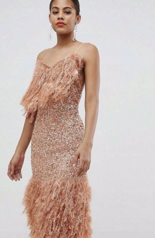 Asos Sequin Vintage Red Carpet Gatsby 20’s Fringe Feather Evening Dress Gown 8