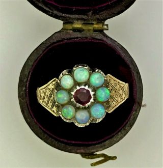 9ct Gold & Silver Georgian Ring Set With Ruby And Opals.  Size Uk M Us 6.  5