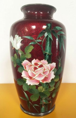 Fine Meiji Period Japanese Ox Blood Ginbari Cloisonne Roses Vase W/ Silver Trim
