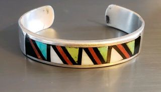 Fine Vintage Sterling Silver Native American Inlay Cuff Bracelet Geometric Zuni?