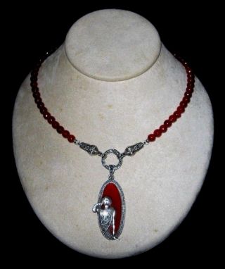 Art Deco Carnelian Bead Marcasite Sterling Silver Oval Flapper Pendant Necklace