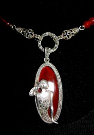Art Deco Carnelian Bead Marcasite Sterling Silver Oval Flapper Pendant Necklace 3