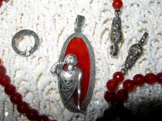 Art Deco Carnelian Bead Marcasite Sterling Silver Oval Flapper Pendant Necklace 7